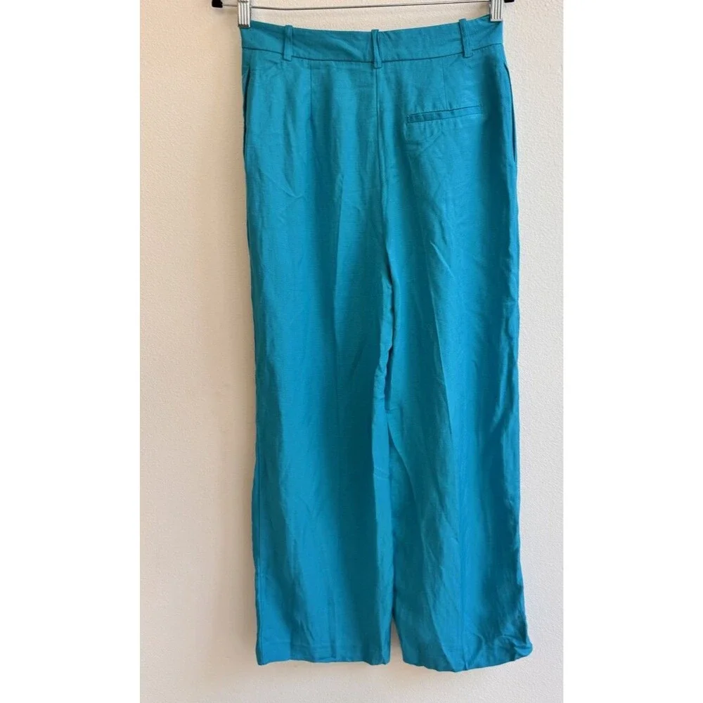 Zara Linen Blend High Rise Wide Leg Turquoise Blue Pants Women’s Small NWT
